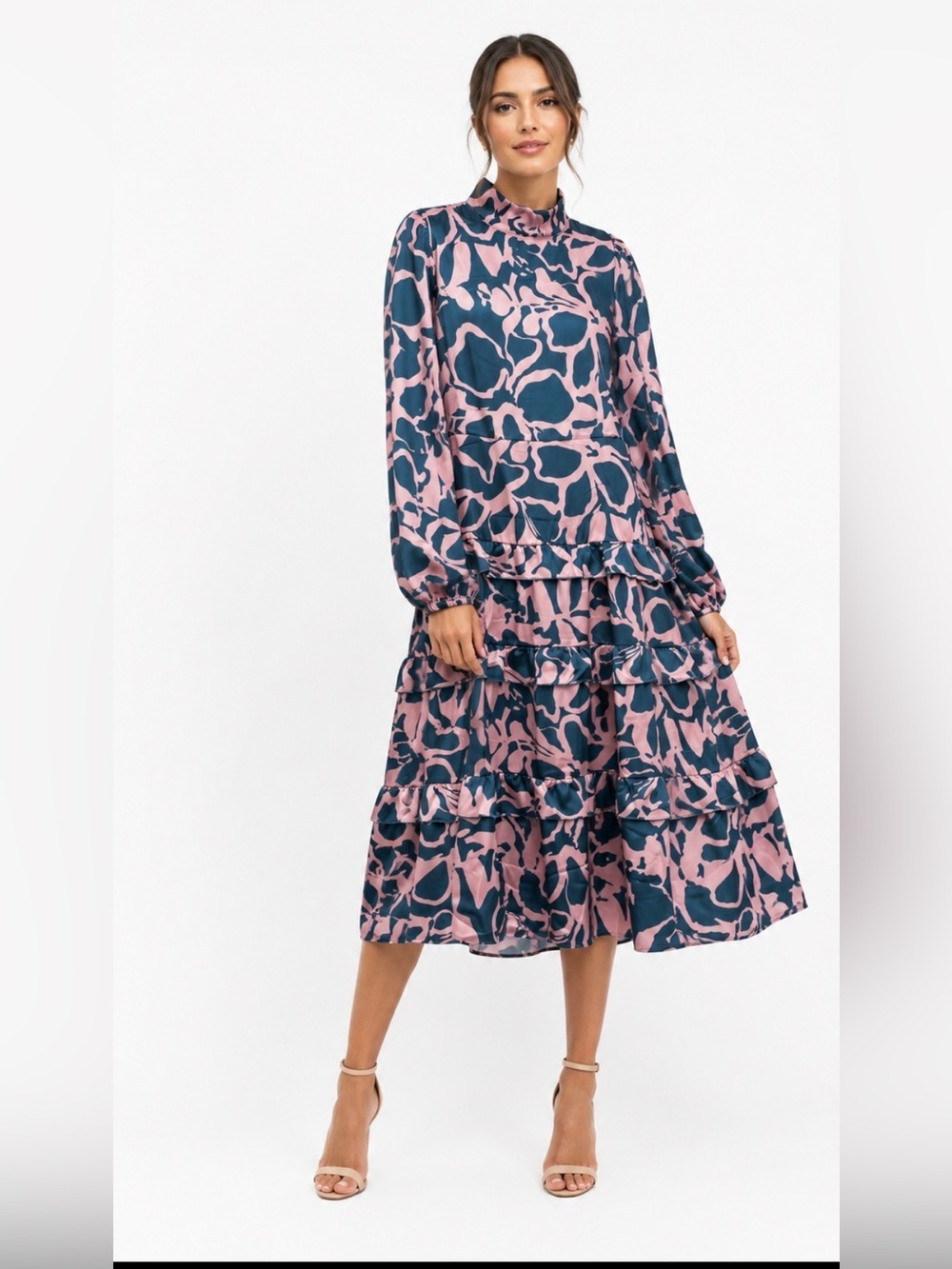 New Malka Majesty Dress Size XL Dainty Long Sleeve Modest Pink Blue Ruffle
